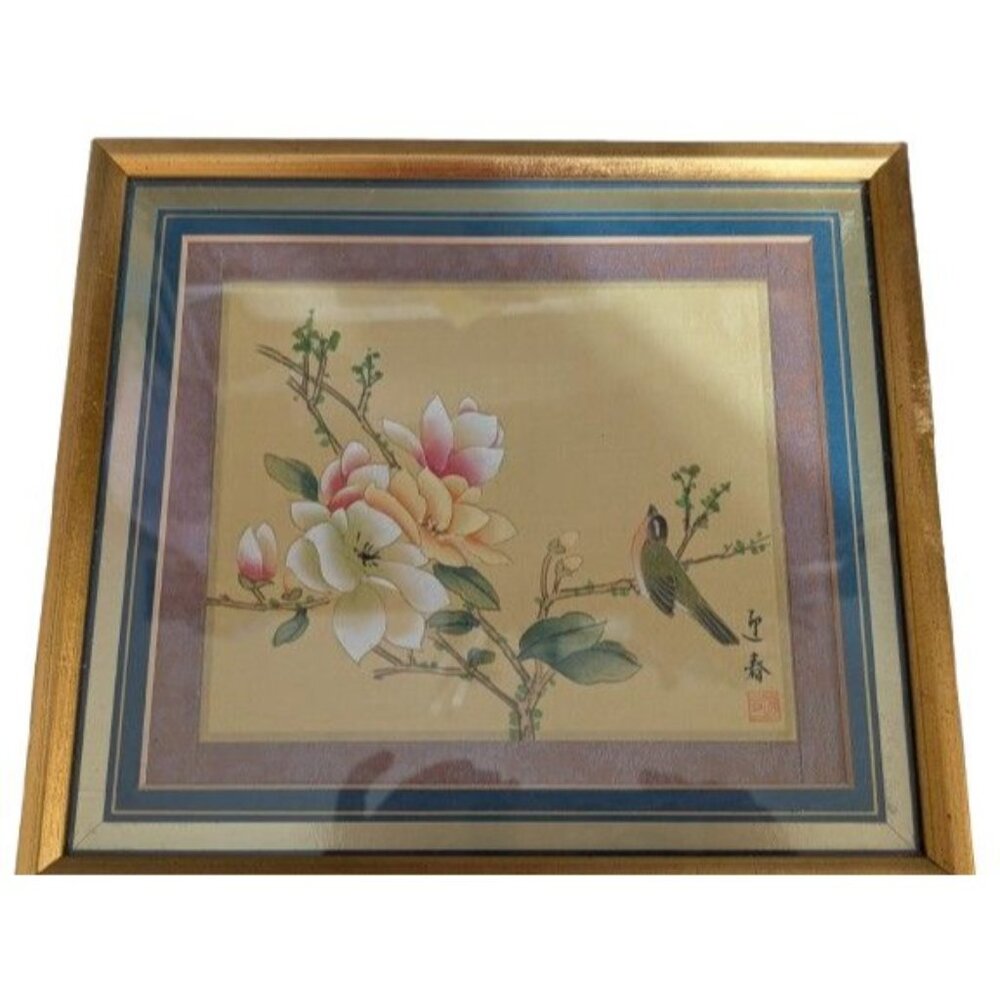 Chinese Watercolor on Silk Green Bird on Floral Branch Framed and Matted 11x9.5